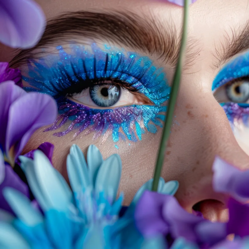 Maquillaje glitter azul y morado